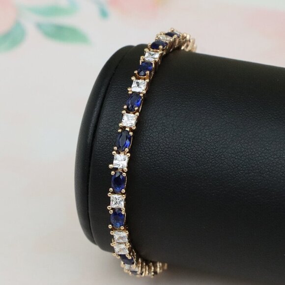 Rose Gold Bracelet with Blue & White Stones in Elegant Setting, XPBL0730 - Picture 1 of 12